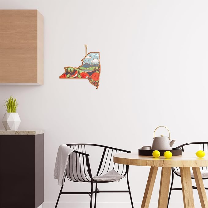Totally Bamboo New York State Shaped Cutting Board and Charcuterie Serving Platter with Artwork by Summer Stokes, Includes Hang Tie for Wall Display