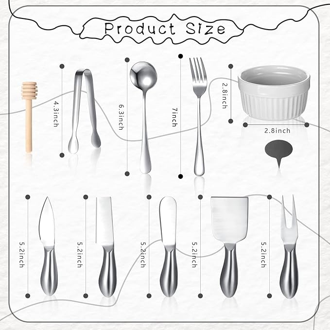 38 Pcs Summer Charcuterie Board Accessories Utensils Include Cheese Knife Set Bowls Cheese Markers Serving Tongs Spoons and Forks Honey Dipper for Butter Cheese and Pastry Making (Silver)