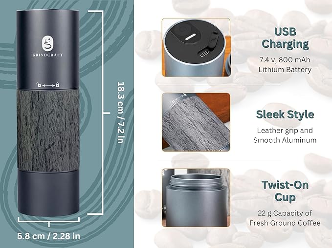 GRINDCRAFT Electric Coffee Grinder, Premium Stainless Steel Burr Coffee Grinder, Espresso Grinder Electric, Portable Grinder, Perfect Coffee Brew for Home, Travel, Camping and Office (Gray)