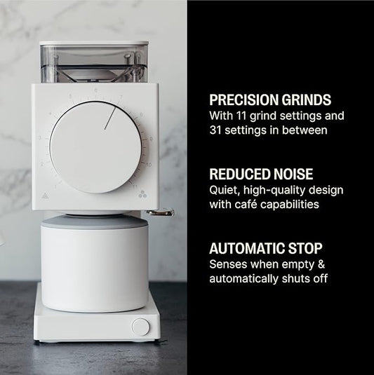 Fellow Gen 2 Ode Burr Coffee Grinder Electric with 31 Settings for Drip, French Press & Cold Brew - Small Footprint Electric Grinder - Matte White