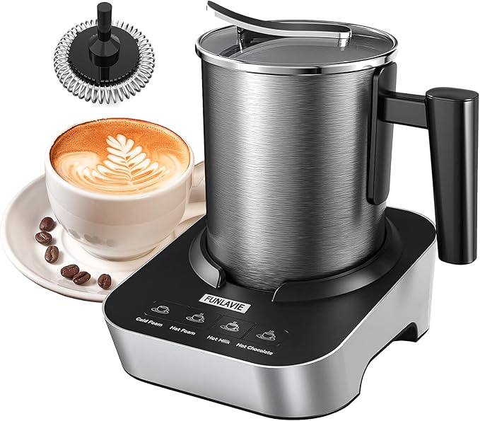 FUNLAVIE 4-in-1 Electric Milk Frother and Steamer, Large 13.5oz Stainless Steel Pitcher, Hot & Cold Foam Maker and Milk Warmer for Lattes, Cappuccinos, Macchiato,Hot Chocolate, Dishwasher Safe