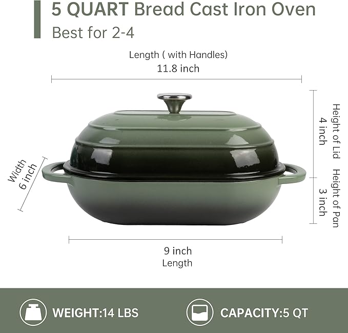 Fijxzct Premium Enameled Cast Iron Dutch Oven for Bread Baking | Non-Stick 5QT Oval Bread Oven with Lid | Perfect for Sourdough, Loaf, and Artisan Baking (Oval Green, 5 QT)