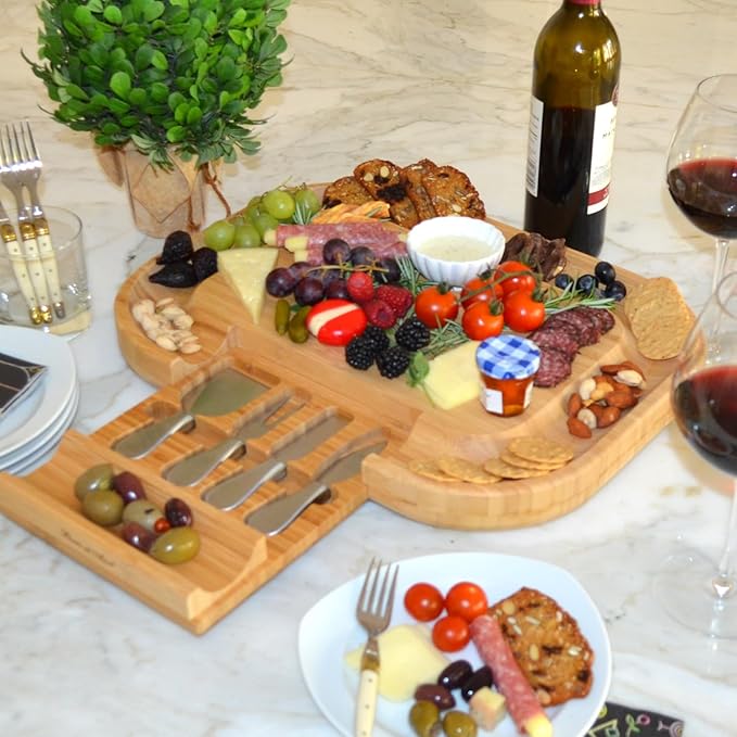 Picnic at Ascot -The "Original" Malvern Deluxe Bamboo Cheese Board with Cracker Groove & Integrated Drawer with Stainless Steel Cheese Knife Set - Designed & Quality Assured in the USA