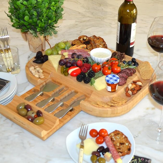 Picnic at Ascot -The "Original" Malvern Deluxe Bamboo Cheese Board with Cracker Groove & Integrated Drawer with Stainless Steel Cheese Knife Set - Designed & Quality Assured in the USA