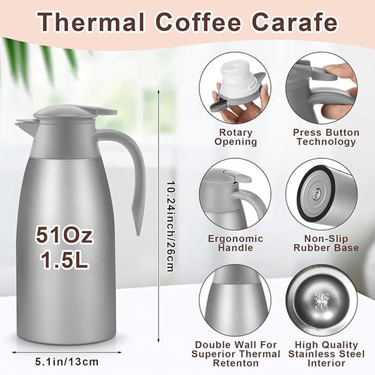 Norme 2 Pcs Thermal Coffee Carafe Insulated Stainless Steel Coffee Carafe for Hot Liquid Vacuum Thermal Pot Creamer Pitcher Dispenser with Brushes Keeping Hot Water Milk(Gray,51 oz)