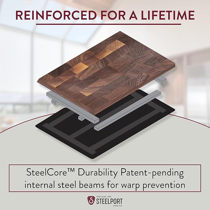 STEELPORT Cutting Board 18”x12” - Steel Reinforced, Ultra-thin | Dual Surface End-Grain Walnut Wood, Composite Side | Professional Butcher Block Chopping Board | Handcrafted in USA