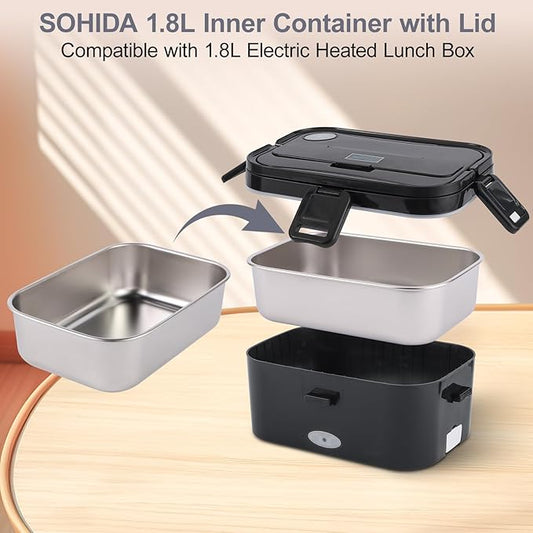1.8L Stainless Steel Inner Container with Lid – Single Compartment, Removable, Dishwasher Safe, Compatible with 1.8L Electric Heated Lunch Box