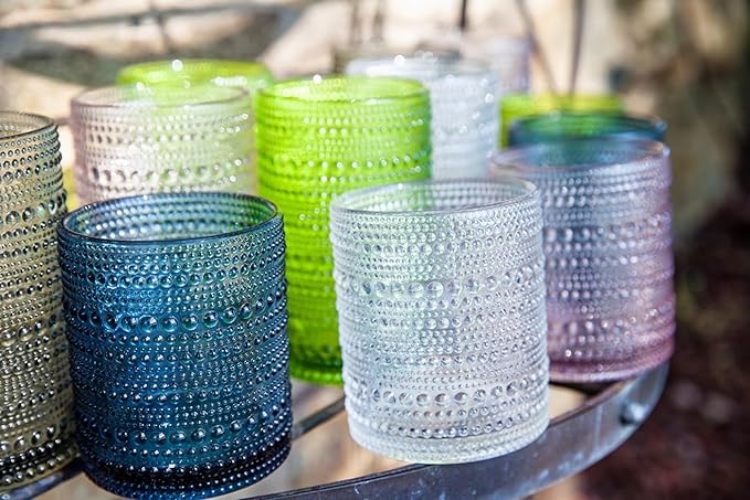 Fortessa Jupiter Beaded Hobnail Glass, 13 Ounce Iced Beverage (Set of 6), Sage Green