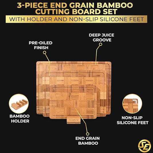 SliceElite Extra Large Bamboo Cutting Board Set 3 Piece End Grain Wooden Chopping Boards with Holder Non Slip Feet Juice Groove XL Butcher Block Style Boards for Kitchen Carving and Serving