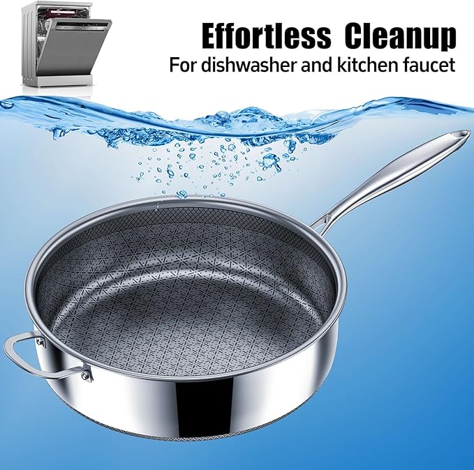 KURRUNGIE 5 Qt Sauté Pan with Lid, 10-inch 5 Ply Stainless Steel Sauce Pan with Lid, Non Stick Frying Pans, Cooking Pot Deep Frying Pan Non-Toxic, For Induction, Oven, Dishwasher Safe
