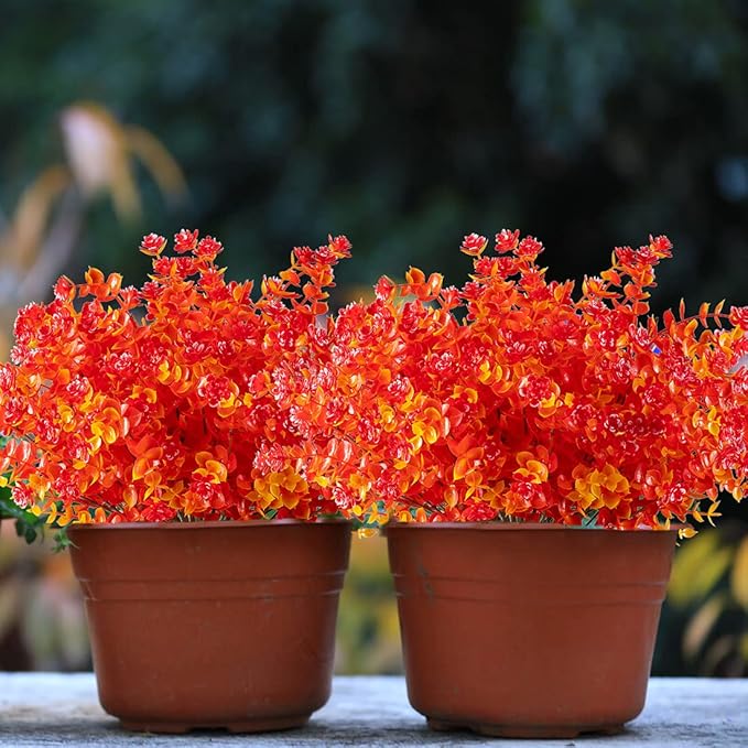 10PCS Artificial Eucalyptus Plants,Fake Boxwood Shrubs UV Resistant No Fade Faux Plastic Greenery for Wedding Bridal Bouquet Indoor Outdoor Home Garden Kitchen Office Table Vase(Fall Red)