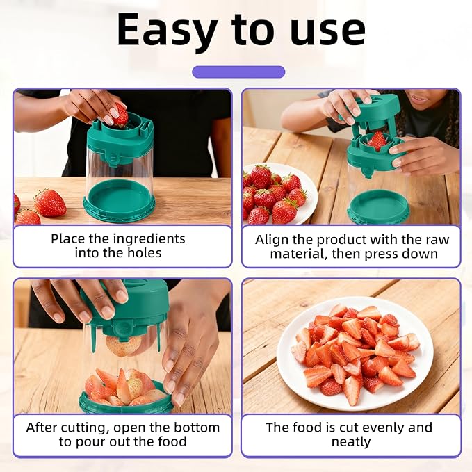 3pcs 3 in 1 Fruit Slicer Cup, Strawberry Slicer, Vegetable Chopper, Tomato Grape Cutter Cup, Egg Slicers, Quarter Extrusion Fruit Divide with 2 Replacement BaseCutters (Dark Blue)
