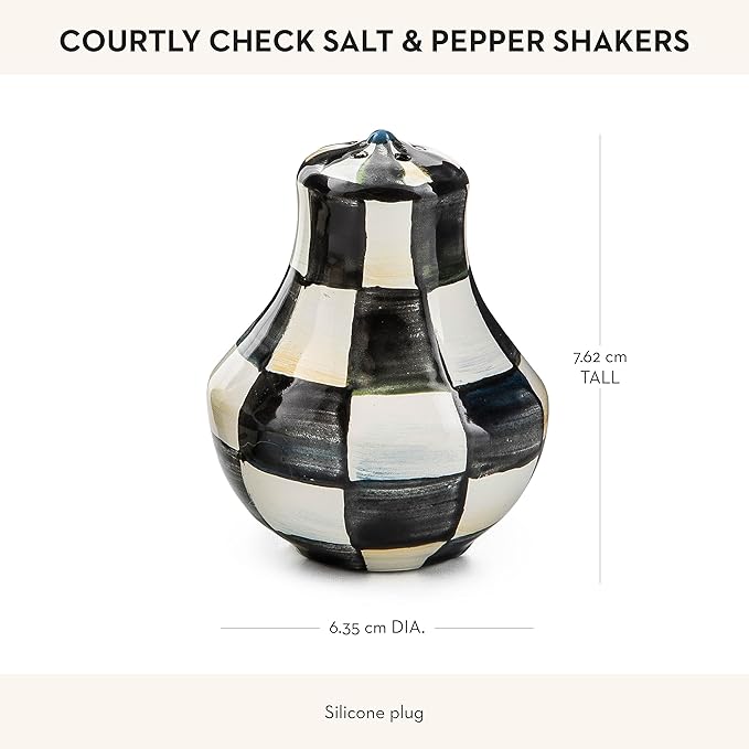 MACKENZIE-CHILDS Enamel Salt and Pepper Shakers, Kitchen Table Spice Shaker Set, Black-and-White Courtly Check, Small