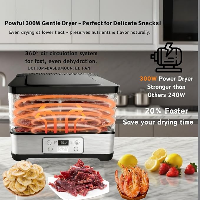 Food Dehydrator Machine-Dehydrators for Jerky Beef Fruit, 300W 158 ℉ Temperature Control & 24H Timer Food Dryer with 5 BPA-Free Trays Fruit Dryer for Herb, Fruit, Dog Treats (Black)