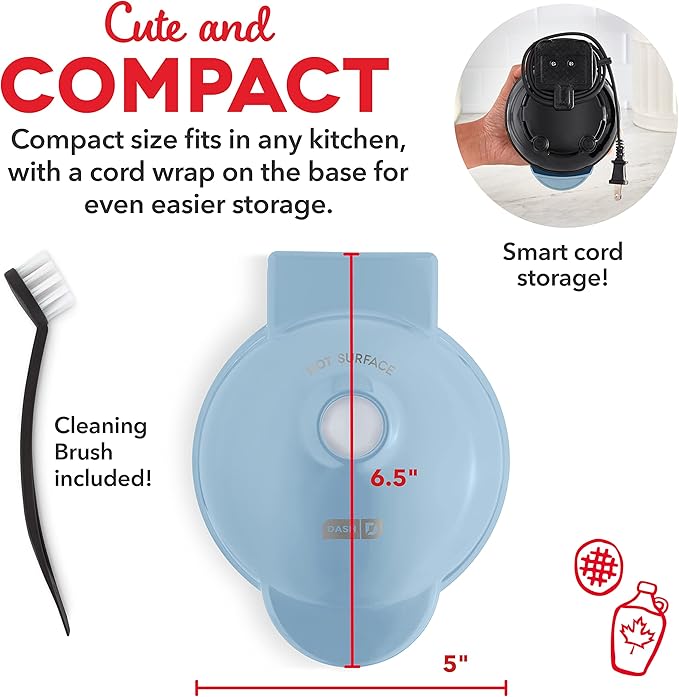 Dash Deluxe Mini Waffle Maker- Compact, Easy-to-Clean Breakfast Appliance - Convenient Cord Wrap - Cleaning Brush Included - 4-Inch - Dream Blue