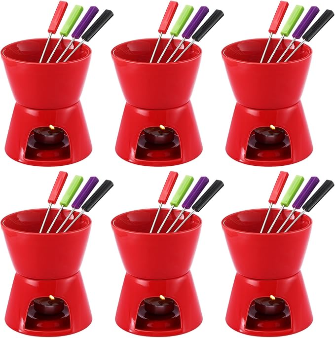 Mudder 6 Pieces Fondue Mug Ceramic Pot and 24 Pieces Forks Set for Melting Chocolate, Cheese, Broth or Tapas on Valentine's Day Gift(Red)