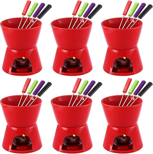 Mudder 6 Pieces Fondue Mug Ceramic Pot and 24 Pieces Forks Set for Melting Chocolate, Cheese, Broth or Tapas on Valentine's Day Gift(Red)