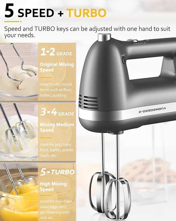 Z-DESDEMONA Electric Hand Mixer, Powerful Hand Mixer Electric Handheld with 304 Beaters, Dough Hook,Hand Held Mixer with Turbo for Baking Cakes, Eggs, Cream Food(Grey)