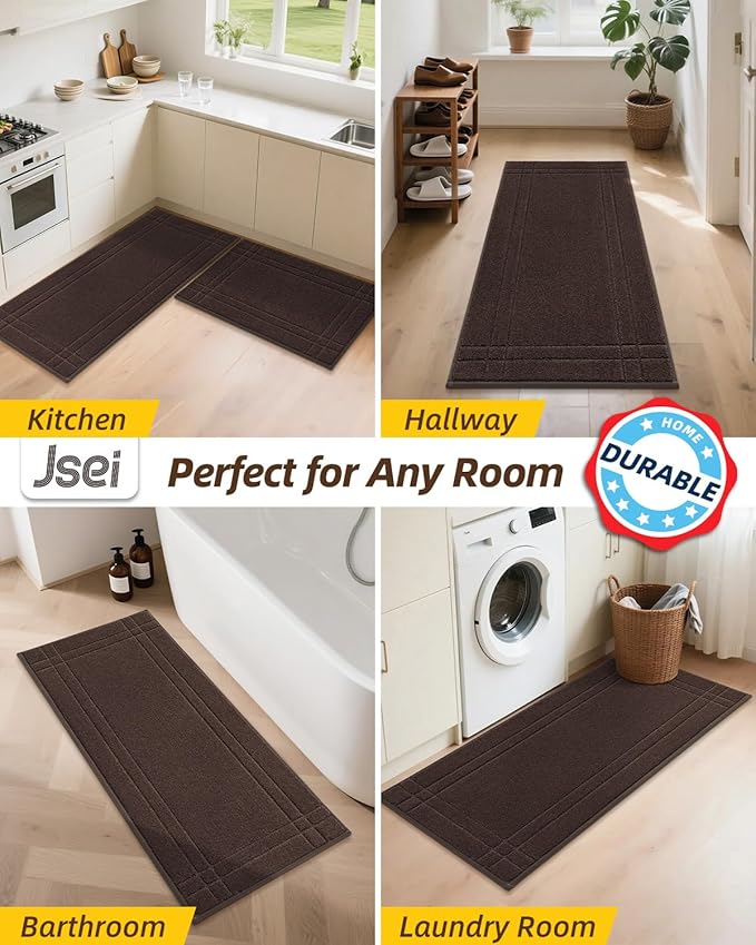 JSEI Kitchen Mats for Floor, Non-Slip Kitchen Rugs, Soft Washable Absorbent Kitchen Mats 2 PCS, Kitchen Runner Rug with TPR Backing, Polyester, 24"x36"+24"x60", Brown