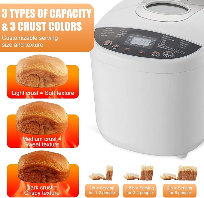 Bread Maker, 19-in-1 2LB Dough Machine, Nonstick Ceramic Pan Automatic Breadmaker with Gluten Free Setting, Automatic Compact Dough Machine Nonstick,Digital,3 Loaf Sizes, 2 Crust Colors, White