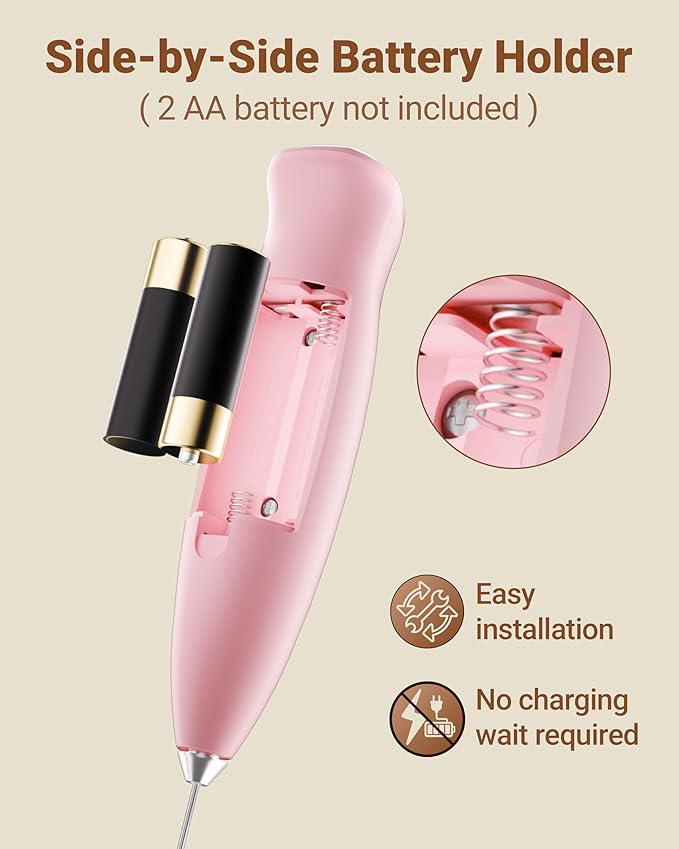 HeyLotie Milk Frother With Stand Handheld Frother Wand Drink Mixer Handheld Coffee Stirrers Electric Frother for Coffee Mixer Wand with 2 Whisk frother for protein powder-Pink