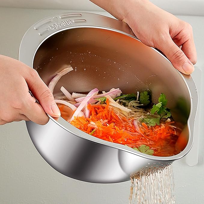 Stainless Steel Rice Strainer Bowl With Side Drainers，Rice Strainer Fine Mesh，Fine Strainers for Quinoa for Cleaning Fruits Vegetables Beans，Versatile Kitchen Tool，10.55" x 5.31" (Silver)