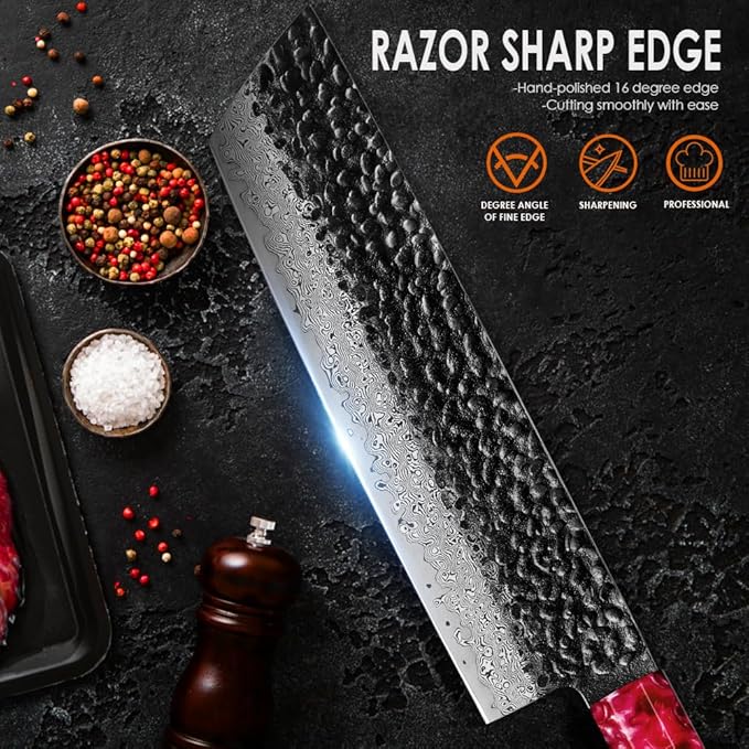 COOKLET'S Nakiri Knife, Professional VG10 Damascus Stainless Steel Kitchen Knife, Ultra Sharp Vegetable Meat Cooking Knife, G10 Ergonomic Color Wooden Handle with Luxury Gift Box for Home