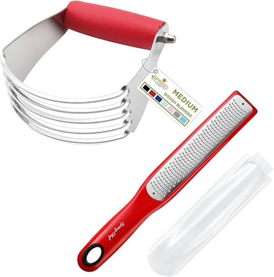Spring Chef Professional Dough Blender, Medium Size & Stainless Steel Lemon Zester - 2 Product Bundle - Red