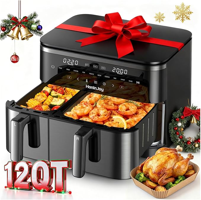 HoninJoy 12QT Large Air Fryer with Dual Basket (4QT+8QT), 13-in-1 Digital Touchscreen Double Zone Air Fryers with 50pcs Paper Liners, Sync & Dual, for Bake, Roast, Shake Reminder, Dishwasher Safe