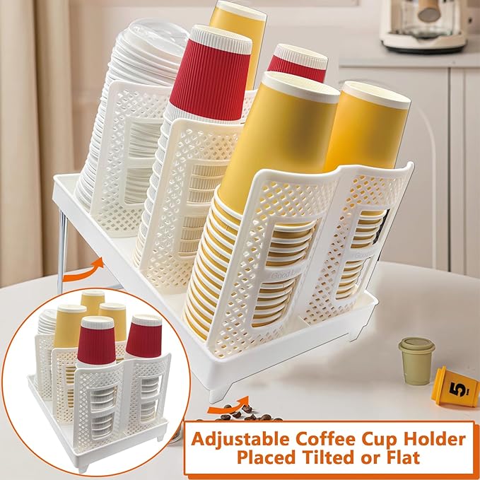 Coffee Cup Organizer Holder, Adjustable Cup and Lid Storage Rack,6 Slots Disposable Paper Cup Dispenser fits 8-22oz,Plastic Cup Stand for Coffee Station Bar Countertop Home Kitchen,White