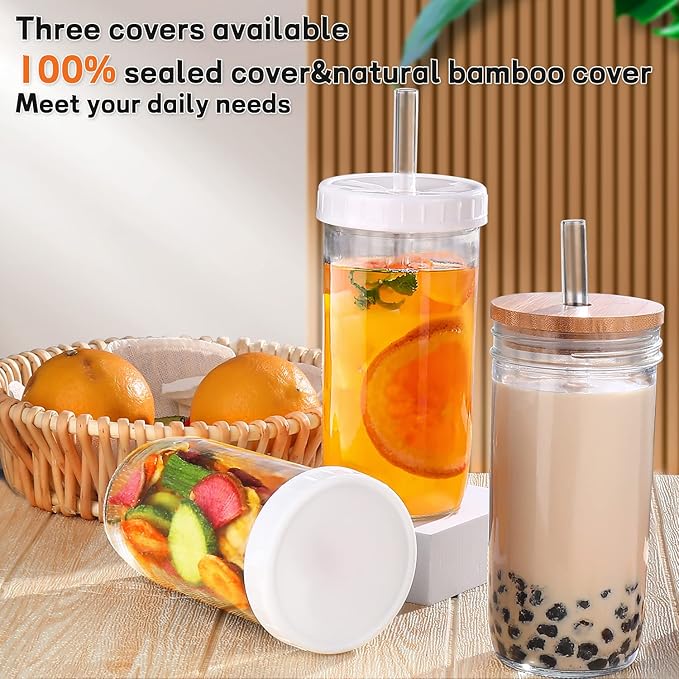DWTS DANWEITESI Glass Cups with Lids and Straws,24 oz Smoothie Cup with Lid and Straw-Boba Mason Jar,Matcha Cup Wide Mouth Reusable Drinking Glasses,Iced Coffee Cups Glass,Vasos De Vidrio【4 Pack】
