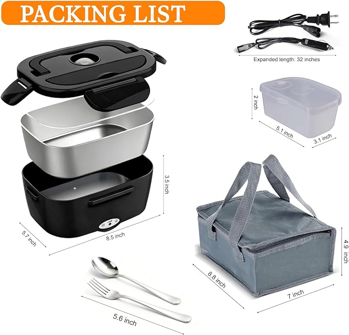 Electric Lunch Box Food Heater - 80W Fast Heating, 1.5L Heated Lunch Box Leak-Proof 304 Stainless Steel Portable Food Warmer, (12V/24V Car/Truck & 110V Home), Ideal for Work/Travel（Black）