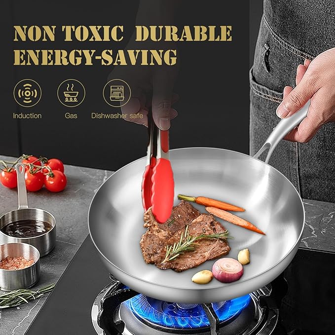 GIUOIDUO 12 Inch Tri-Ply Stainless Steel Frying Pan, Skillet, pan, Induction Cooking Pan, Dishwasher and Oven Safe, Fast & Even Heat, Heavy Duty and Detachable Handle，Fried steak&fried eggs
