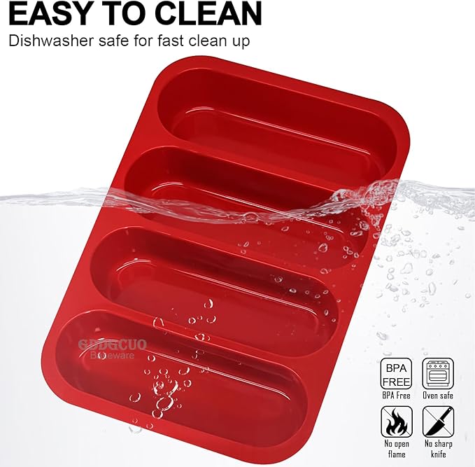 GDDGCUO Silicone Hotdog Bun Pan, 6 Inch Standard Hot dog Bun Mold, 4 Cup Non-stick Homemade Hotdog Bun Baking Pans, Mini Baguette Pans, Dishwasher Safe, 2 Pcs (Red)