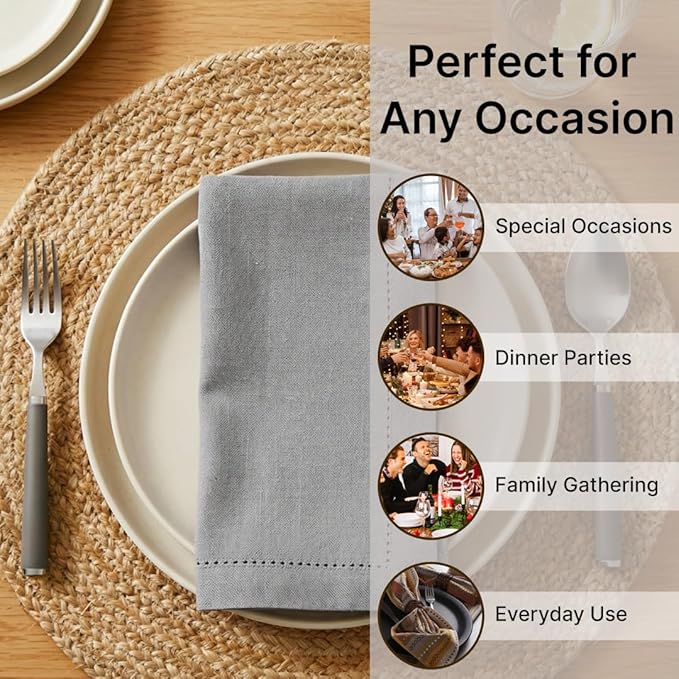 LFH Home Hemstitched Cloth Dinner Napkins 18x18 Inch Set of 12 - Reusable 100% Cotton Machine Washable Cocktail Napkins with Metered Corners for Daily, Party, Wedding, Bar Use - Ash Grey