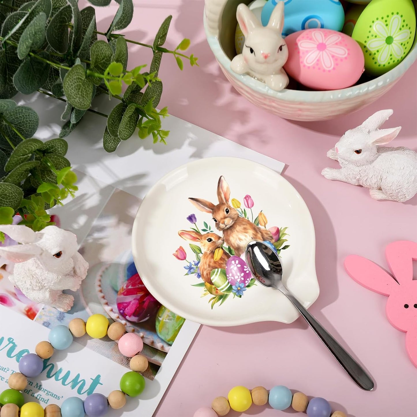 JarThenaAMCS 4.7inch Easter Bunny Spoon Rest Watercolor Rabbit Egg Tulip Flowers Small Coffee Spoon Holder for Spring Coffee Stirrers Teaspoon Bar Coffee Station