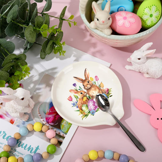 JarThenaAMCS 4.7inch Easter Bunny Spoon Rest Watercolor Rabbit Egg Tulip Flowers Small Coffee Spoon Holder for Spring Coffee Stirrers Teaspoon Bar Coffee Station
