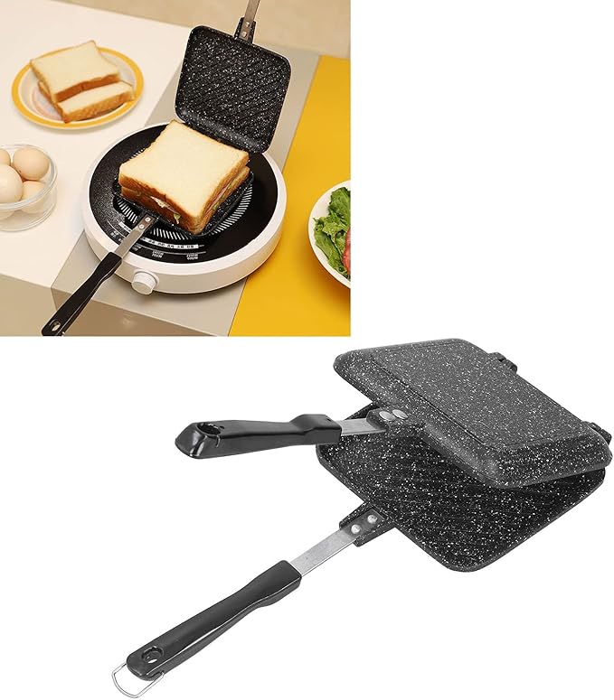 Cyrank Double Sided Frying Pan, Aluminum Hot Sandwich Panini Maker Grilled Cheese Maker Nonstick Sandwich Toaster Press Stovetop Flip Grill Pan for Home Kitchen