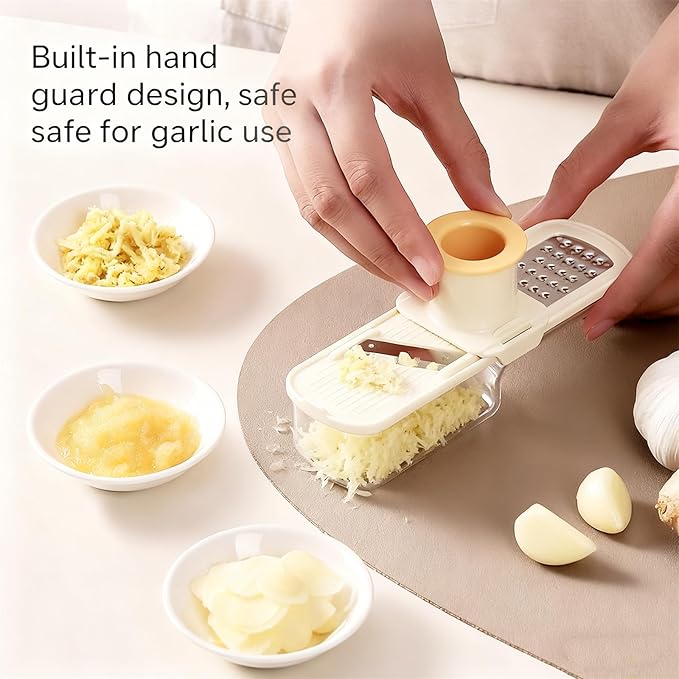 Multifunctional Garlic Grinder & Mandoline Slicer, 3-in-1 Mini Safe Garlic Slicer & Mandoline Slicer, Vegetable and Cheese Shredder, Stainless Steel Mandoline Cutter with Container (Green)