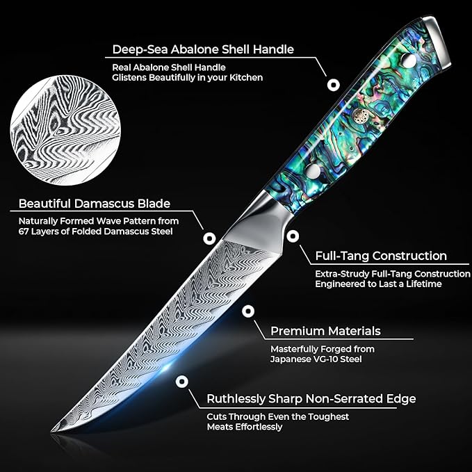 SENKEN 4-Piece Damascus Steak Knife Set, Non-Serrated Blades, Real Abalone Shell Handle, "Umi" Collection Japanese Straight-Edge Steak Knives, Japanese VG10 Steel 67-Layer Damascus