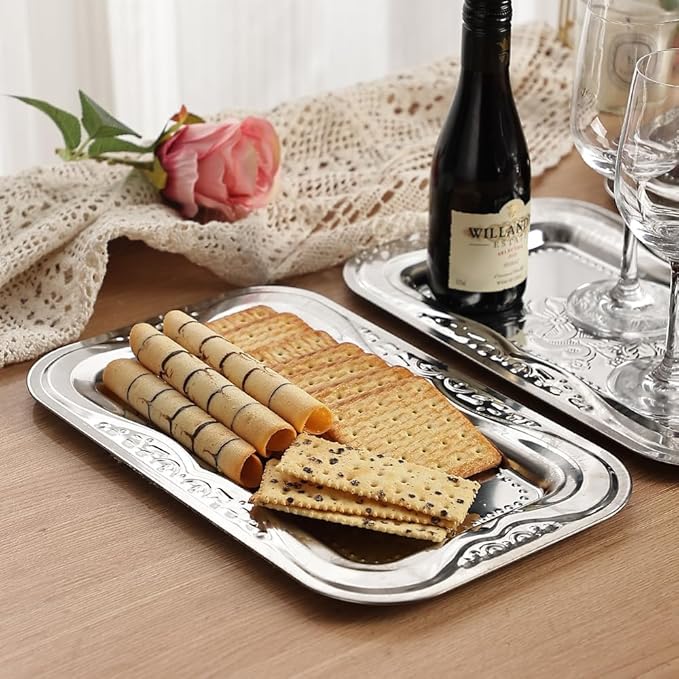 4-Pack Small Silver Serving Trays Set - ZENOVLUX Lightweight Bow Floral Engraved Mirror Decorative Tray, 11.4" x 7" Party Platters for Valentine's Day, Food, Appetizer, Charcuterie, Cookies, Desserts