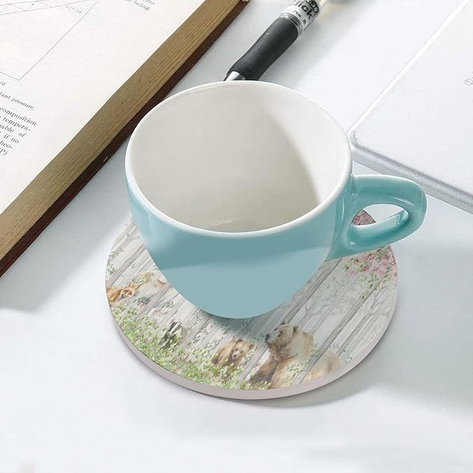 Round-4PCS Forest Ceramic Coasters, Round Absorbent Drink Coasters, Cartoon Nature Forest Flower Animal Bear, Deer, Fox, Rabbit Ceramic Table Coasters for Coffee, Beverage, Wine, Beer Coasters