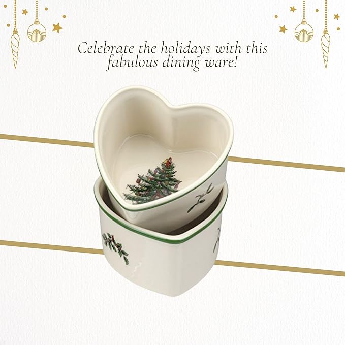 Spode Christmas Tree 3.5" Heart Ramekins (Set of 2) - Oven Safe Porcelain Ramekin Dishes for Soufflé, Crème Brûlée, Custard - Microwave & Dishwasher Safe, Festive Dipping Cups, Holiday Baking Set