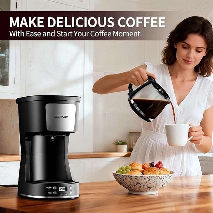 SECPOEDR 12-Cup Drip Coffee Maker with Reusable Filter,Programmable Clock,Auto Brew,Water Window,Keep Hot Plate,Glass Carafe,Compact Design for Kitchen,Office,Silver and Black,Stainless Steel