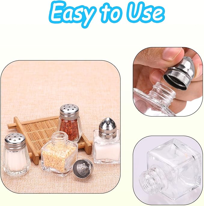 100 Pcs Mini Salt and Pepper Shakers 0.5 Oz, Small Bulk Cube Glass Spice Shaker Container Tiny Glass Seasoning Jars with Stainless Steel Lid for Travel Home Camp Restaurant Party Supplies, 2 Styles