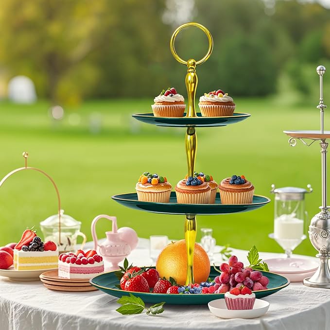 Soleebee 3-Tier Cupcake Stand, Round Plastic Tiered Serving Tray, Cup Cake Tower for Birthday Wedding Party Decoration, Cupcake Tier Stand Fruits Desserts Display (Green Gold)