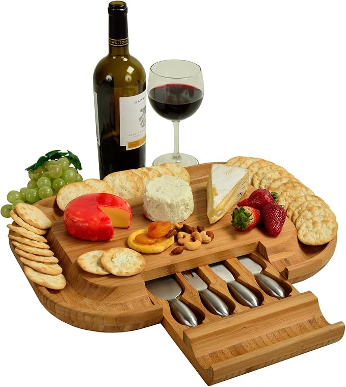 Picnic at Ascot -The "Original" Malvern Deluxe Bamboo Cheese Board with Cracker Groove & Integrated Drawer with Stainless Steel Cheese Knife Set - Designed & Quality Assured in the USA