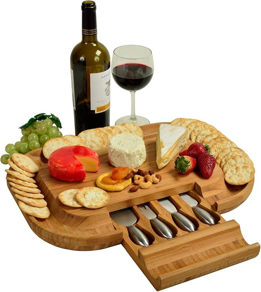 Picnic at Ascot -The "Original" Malvern Deluxe Bamboo Cheese Board with Cracker Groove & Integrated Drawer with Stainless Steel Cheese Knife Set - Designed & Quality Assured in the USA