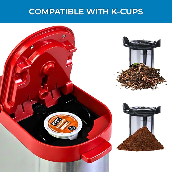Koolatron Kenmore Single Serve Coffee Maker & Stainless Steel Travel Mug, Capsule/Pod & Ground Coffee Brewing, K Cup Compatible, Hot & Iced Coffee Machine, 6 to 14 Oz Brew Sizes, Auto Shut-Off, Red