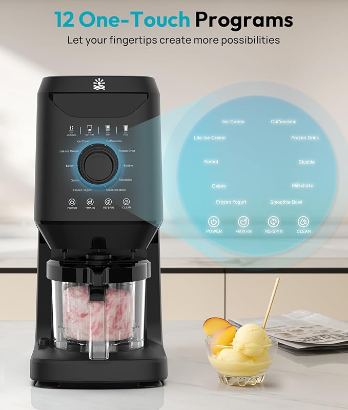 Homemade Ice Cream Maker Machine - 12-in-1 Ice Cream Maker with 2 Pint Containers & Lids, Gelato, Sorbet and Frozen Yogurt Maker, Self-Cleaning, Family Size, Black,Pre-freeze for 24 Hours